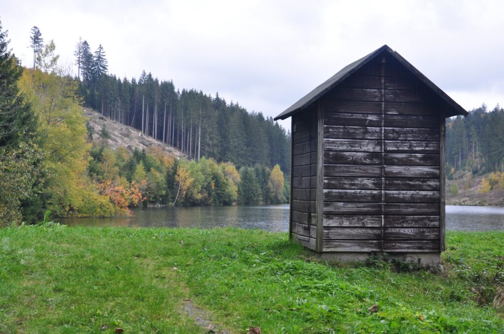 Schwarzes Bootshaus am Ufer eines Sees mit Herbstwald in Clausthal-Zellerfeld