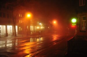 Regennasse Straße nachts in Clausthal-Zellerfeld mit Straßenlaternen und Gebäuden