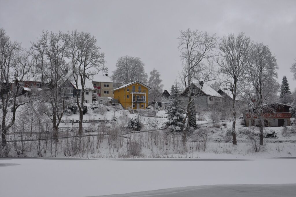 Verschneite Häuser am gefrorenen See in Clausthal-Zellerfeld im Winter