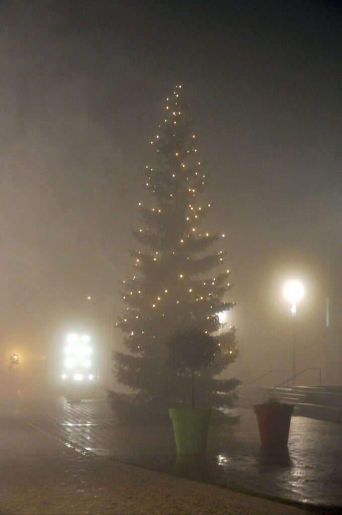 Beleuchteter Weihnachtsbaum im dichten Nebel bei Nacht in Clausthal-Zellerfeld