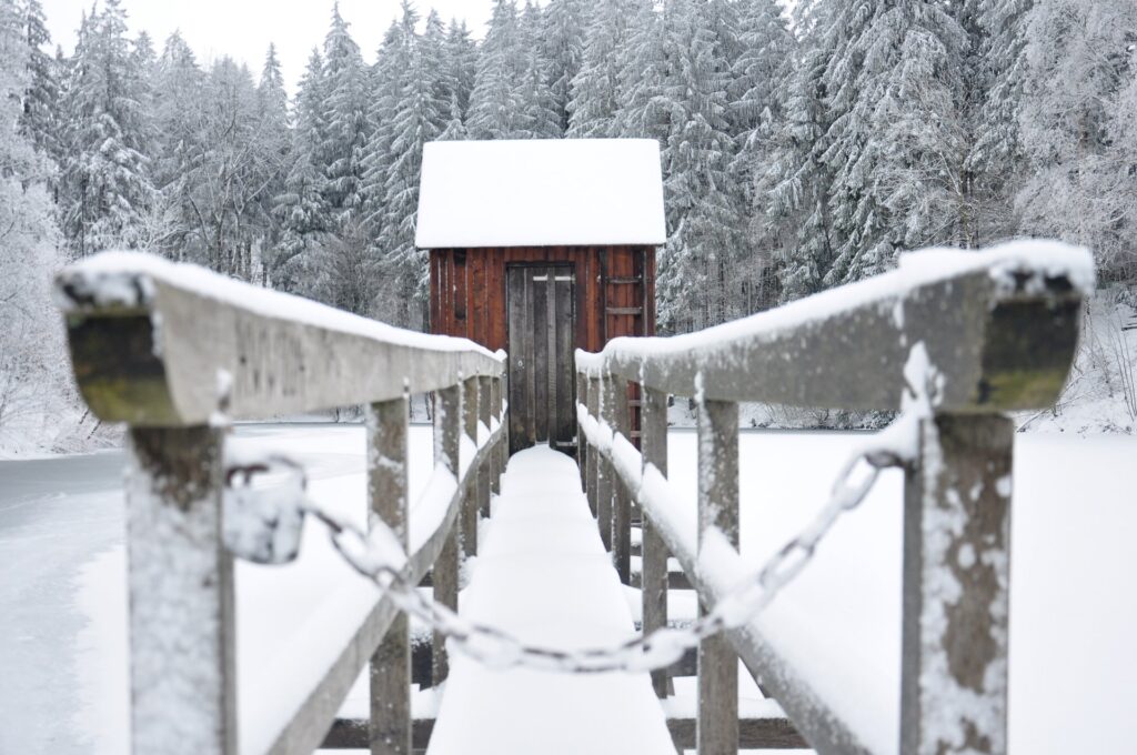 Verschneites Bootshaus mit Holzsteg und Waldkulisse in Clausthal-Zellerfeld im Winter