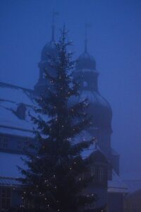 Geschmückter Weihnachtsbaum mit Lichterketten vor historischen Gebäuden in Clausthal-Zellerfeld im Winter