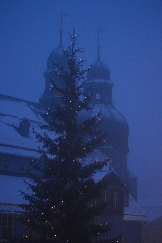 Geschmückter Weihnachtsbaum mit Lichterketten vor historischen Gebäuden in Clausthal-Zellerfeld im Winter
